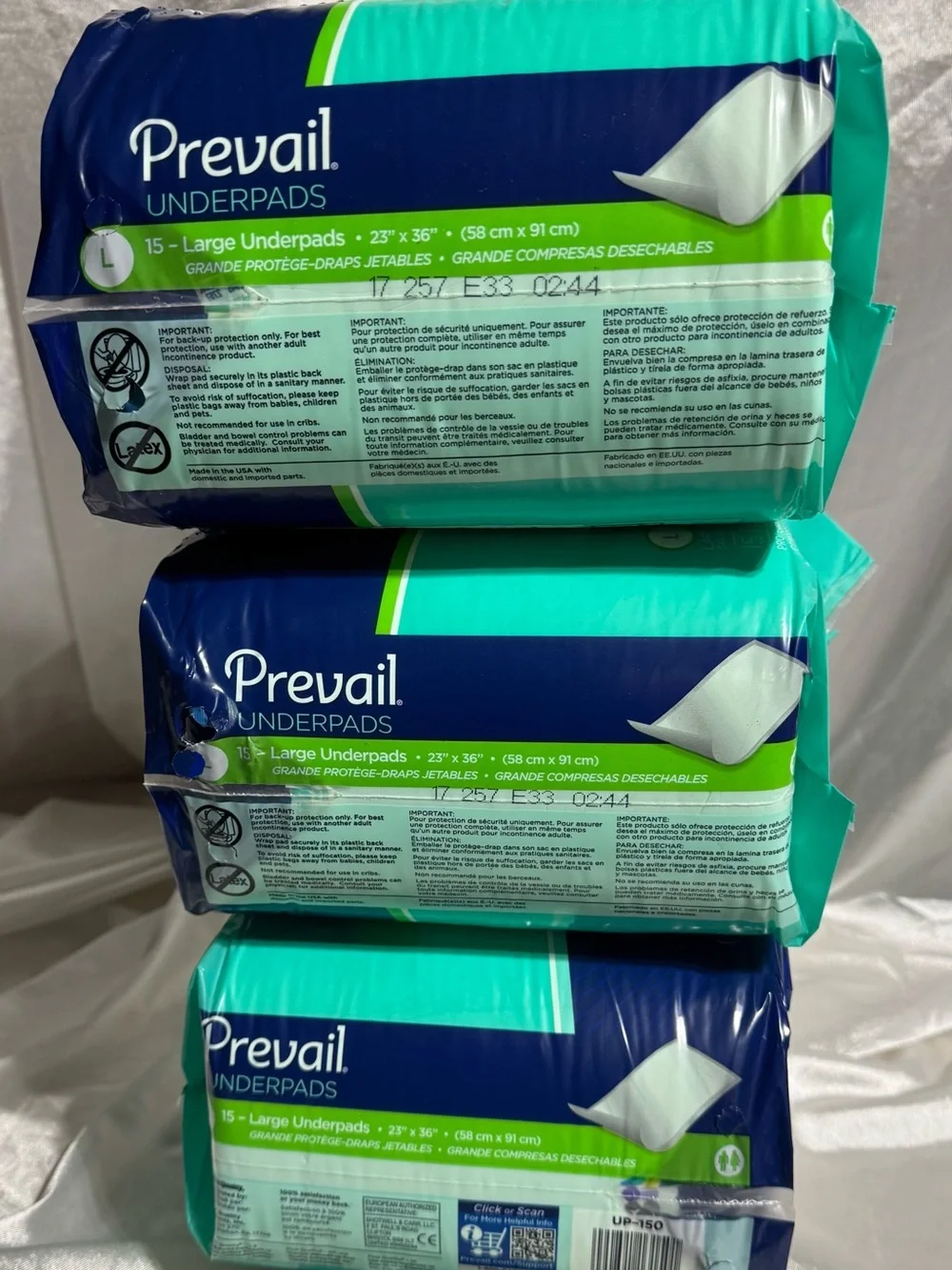 Three (3) Pkgs —Prevail Fluff Underpads Large  - 15 Count